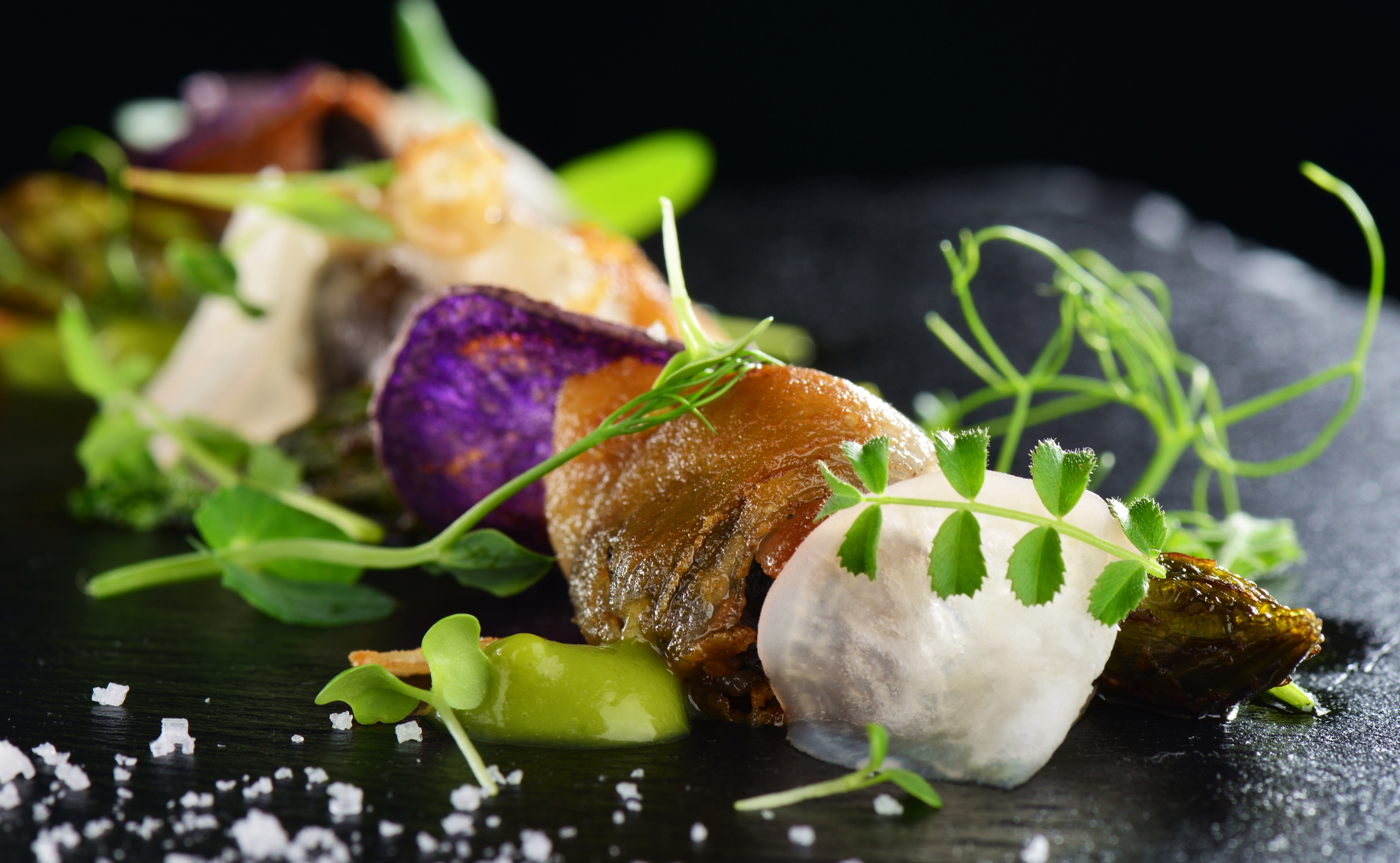Haute,Cuisine,,Gourmet,Food,Scallops,With,Asparagus,And,Lardo,Bacon