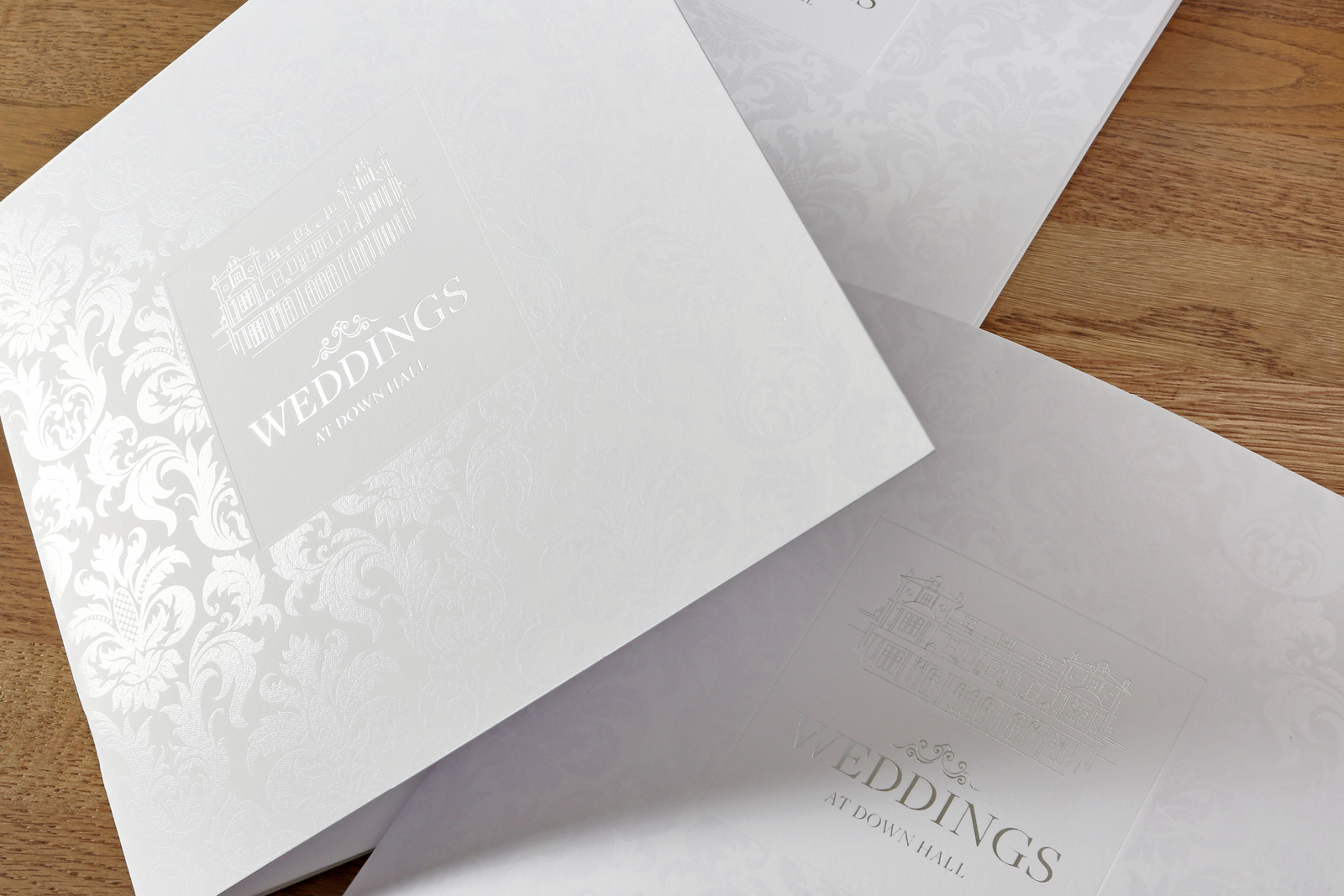 Wedding brochure graphic design & production for Down Hall, luxury country house hotel & spa located on the Hertfordshire and Essex border in Hatfield Heath.