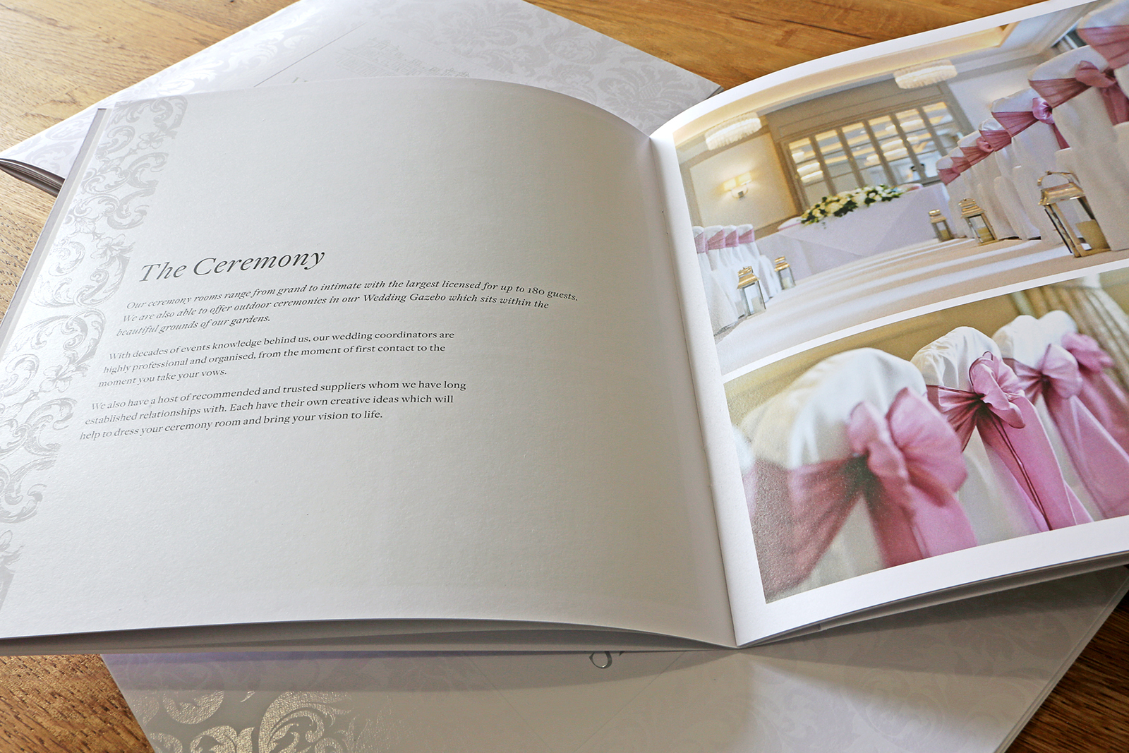 Wedding brochure graphic design & production for Down Hall, luxury country house hotel & spa located on the Hertfordshire and Essex border in Hatfield Heath.
